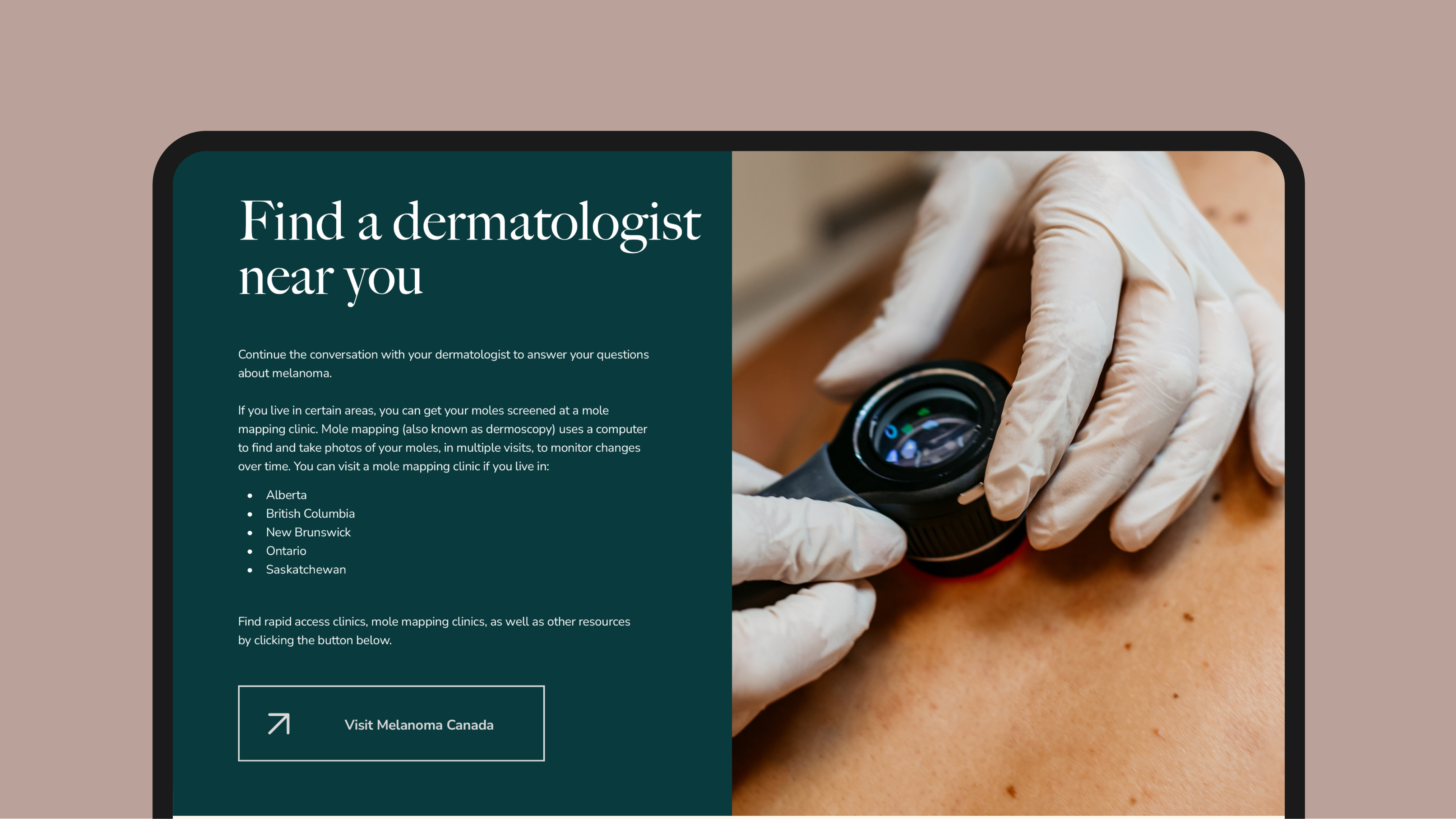 Desktop section helping users find a dermatologist